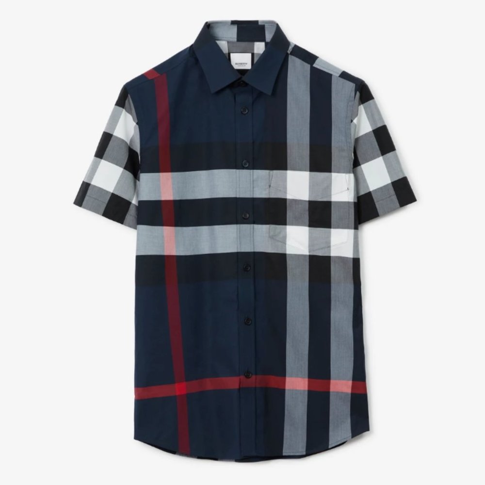 Short-sleeve Check Stretch Cotton Poplin Shirt